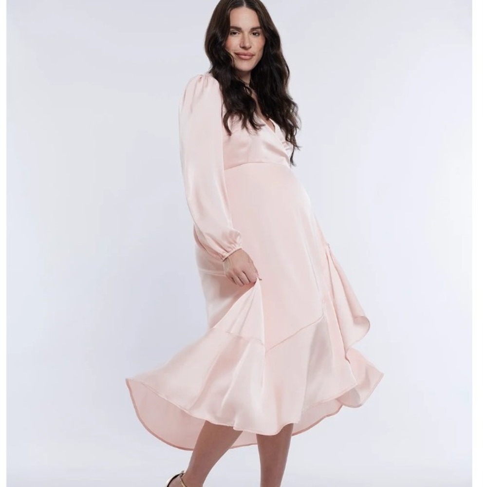 Motherhood Maternity Wrap Flounce Midi Dress Pink Satin Baby Shower Wedding XL